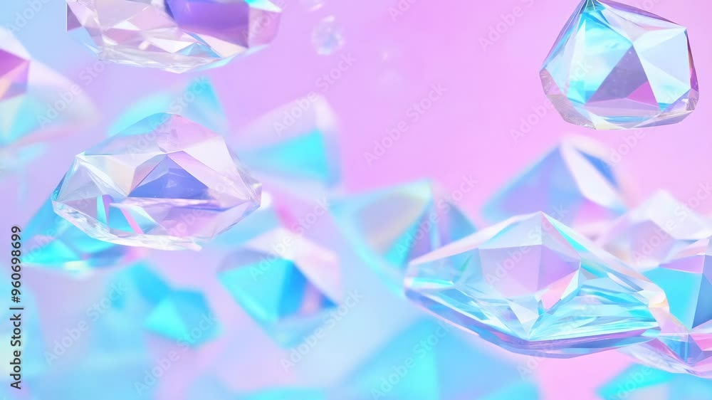 Poster abstract holographic crystal shapes in motion on iridiscent violet background