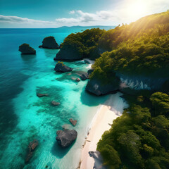 beautiful islands with turquoise water, lush green forest  and rocky cliffs