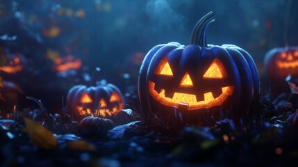 Fototapeta premium Lighted Blue Jack-o'-Lantern in a Spooky Forest