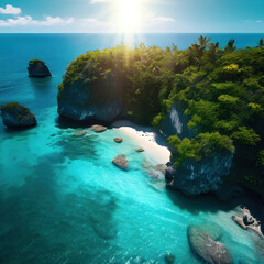 beautiful islands with turquoise water, lush green forest  and rocky cliffs
