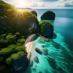 beautiful islands with turquoise water, lush green forest  and rocky cliffs