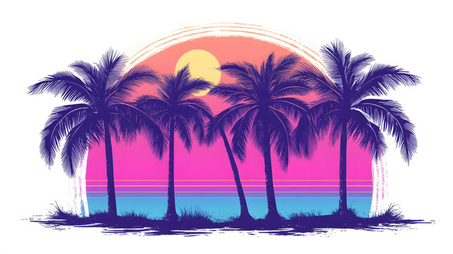Palm trees beach 80s synthwave sunset, vector illustration, miami, purple blue yellow pink, retro style, simple shapes, vice clip art icon logo