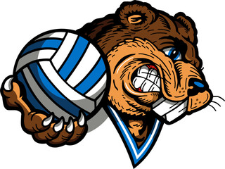beaver mascot holding volleyball for school, college or league sports