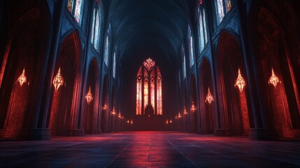 Obraz premium Dark and Eerie Gothic Cathedral Interior with Red Stained Glass Windows