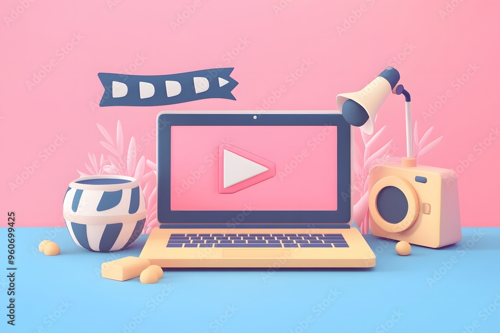 Poster 3d render of a laptop with a play button on a pink background