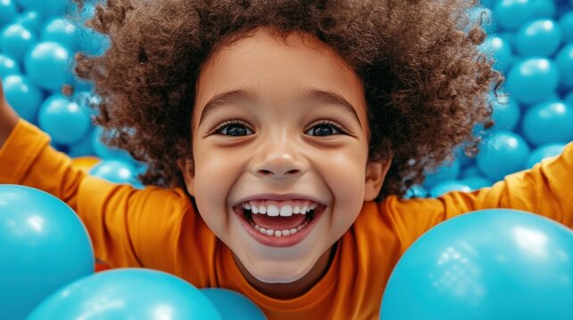 A young girl smiling in a ball pit filled with blue balls, AI