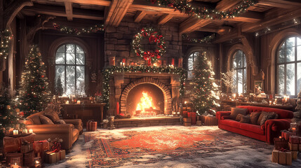 Obraz premium A warm and inviting living area features a crackling fireplace, surrounded by beautifully decorated Christmas trees and wrapped gifts, creating a festive holiday atmosphere
