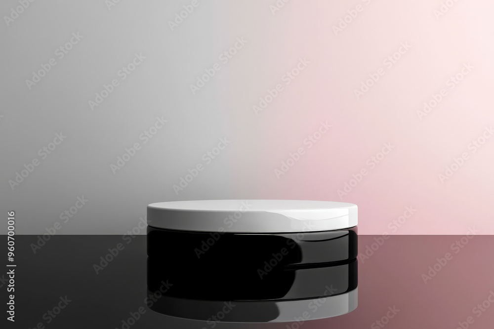 Wall mural a glossy white podium with a smooth, rounded design, placed on a reflective black surface with a sof