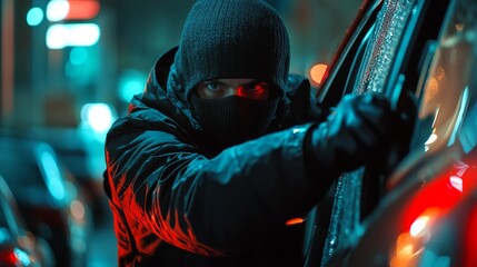 A shadowy figure in a dark hoodie is attempting to break into a car. The scene captures a city at night, with vibrant neon lights adding to the suspenseful atmosphere. 