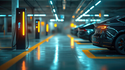 Electric Cars Charging in Modern Underground Parking Garage with Bright Lights and Reflections