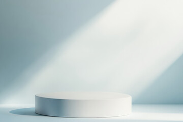 A matte white podium with clean lines, set against a soft, gradient background that transitions from light blue to white, creating a calm and peaceful atmosphere.