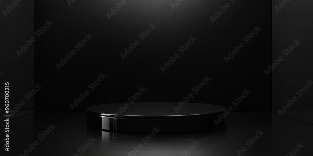 Poster a glossy black podium with a smooth, reflective surface, set against a dark, minimalist background w