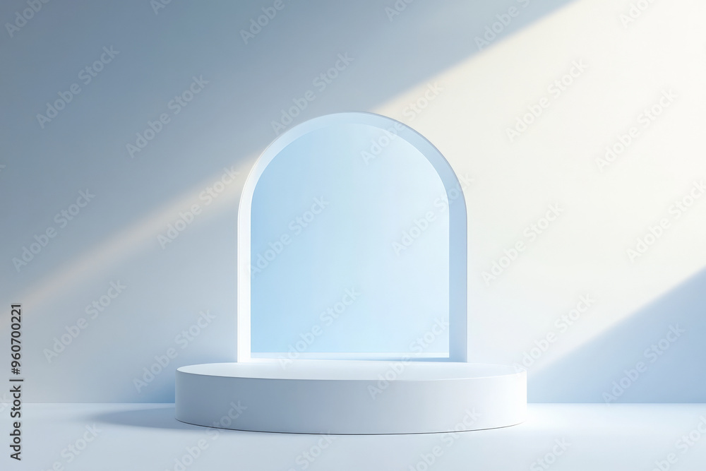 Poster a matte white podium with clean lines, set against a soft, gradient background that transitions from