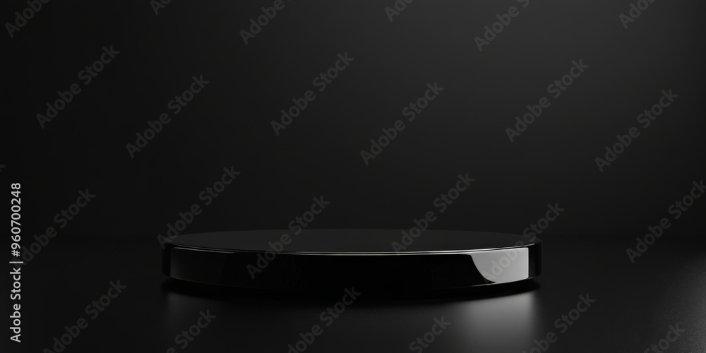 Poster a glossy black podium with a smooth, reflective surface, set against a dark, minimalist background w