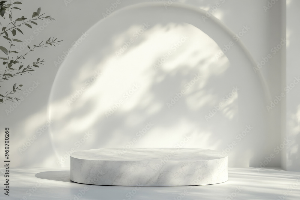 Poster a polished white stone podium with a minimalist design, placed in front of a clean, modern backgroun