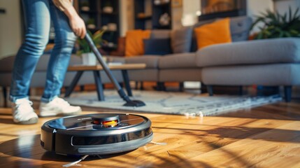 Fototapeta premium Robot Vacuum Cleaner Cleaning Hardwood Floor in Modern Living Room