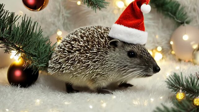 Cute hedgehog in a Santa hat surrounded by holiday decorations. Concept of adorable Christmas pets, festive holiday cheer, and unique seasonal photography