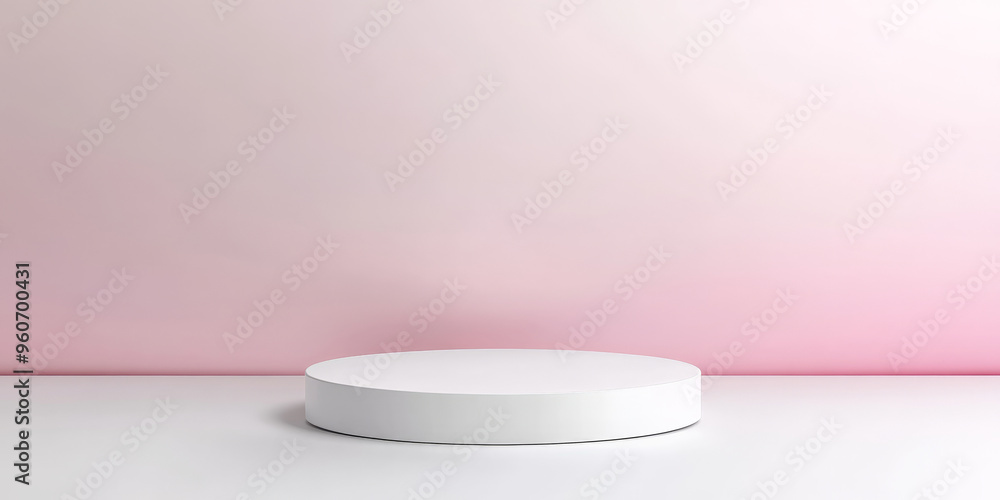 Poster a minimalist white podium with a matte finish, placed in front of a soft, pastel gradient background