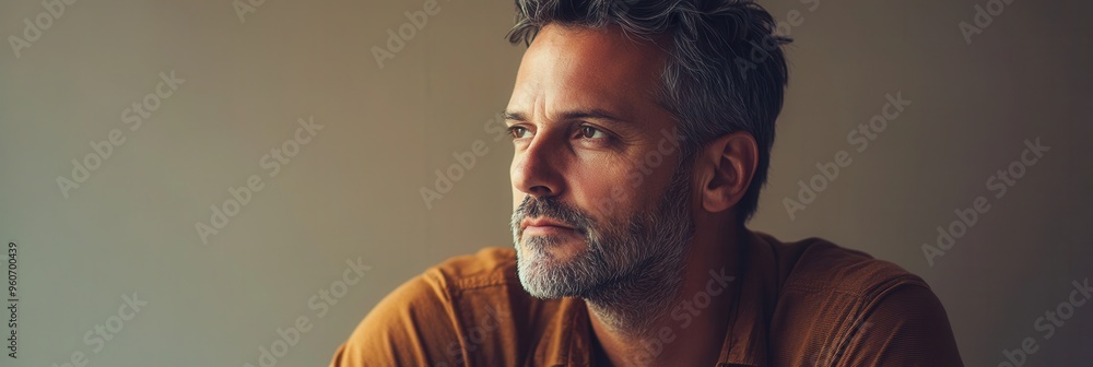 Aufkleber a man with a serious expression sits pensively, contemplating his thoughts in a softly lit indoor sp