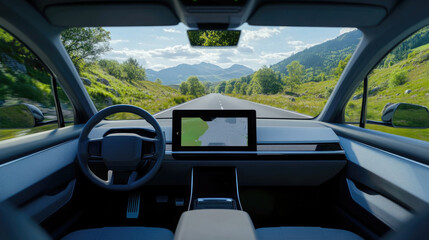 Self-Driving Electric Car on Scenic Mountain Road with Interactive Navigation Screen