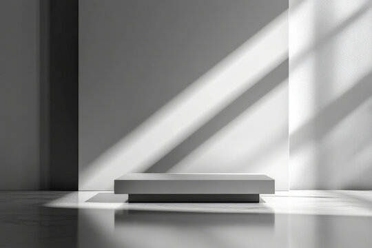 A sleek, silver podium with a matte surface, standing on a polished floor with a soft gradient background in cool tones, creating a minimalist, elegant look.