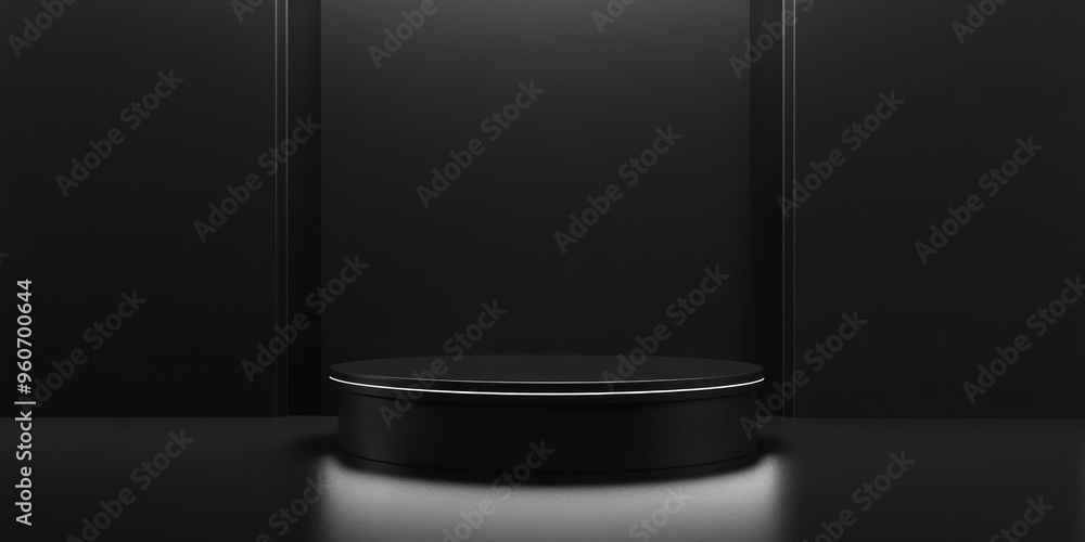 Poster a glossy black podium with a smooth, reflective surface, set against a dark, minimalist background w