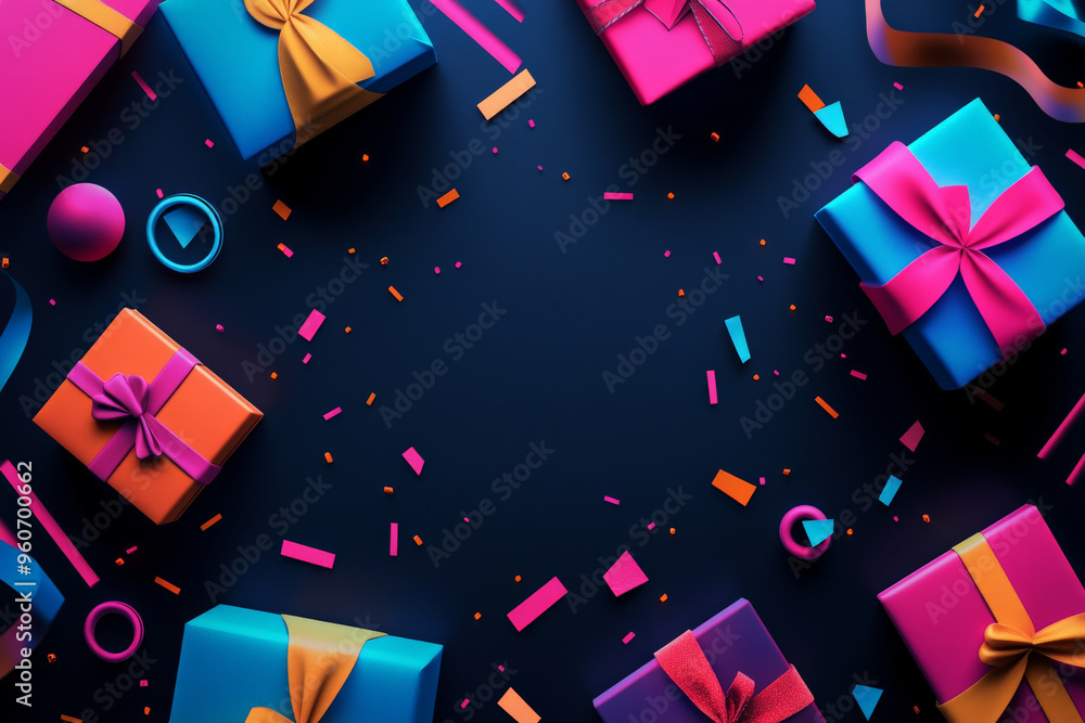 Poster a colorful, playful background with neon-colored gift boxes, set against a dark, contrasting backgro