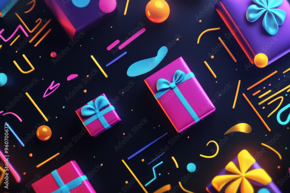Poster a colorful, playful background with neon-colored gift boxes, set against a dark, contrasting backgro