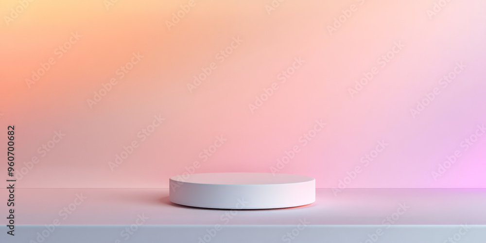 Poster a minimalist white podium with a matte finish, placed in front of a soft, pastel gradient background