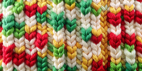 Colorful knitted pattern with red, green, yellow, and white yarn for fabric design
