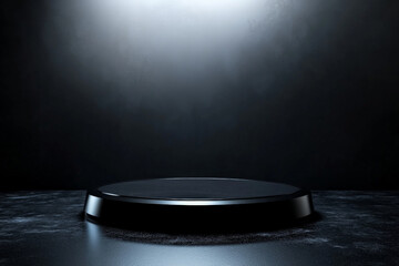 A sleek, black podium with a glossy, reflective surface, set against a dark background with soft, subtle lighting to create a dramatic effect.