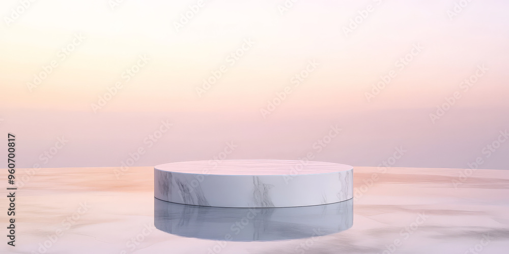 Poster a white marble stone podium with clean lines, positioned on a smooth, reflective surface with a mini