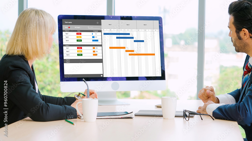 Poster project planning software for modish business project management on the computer screen showing time