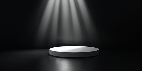 A glossy white podium with a reflective surface, standing on a black floor with a deep shadowy background for a high-contrast, dramatic effect.