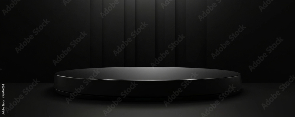 Poster a glossy, black podium with a rounded design, set against a dark, minimalist background with subtle 