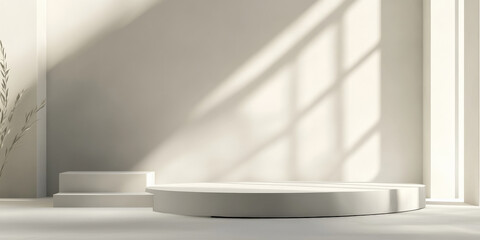 A minimalist podium with a smooth, white finish, set against a simple, light gray background with soft shadows and natural light.