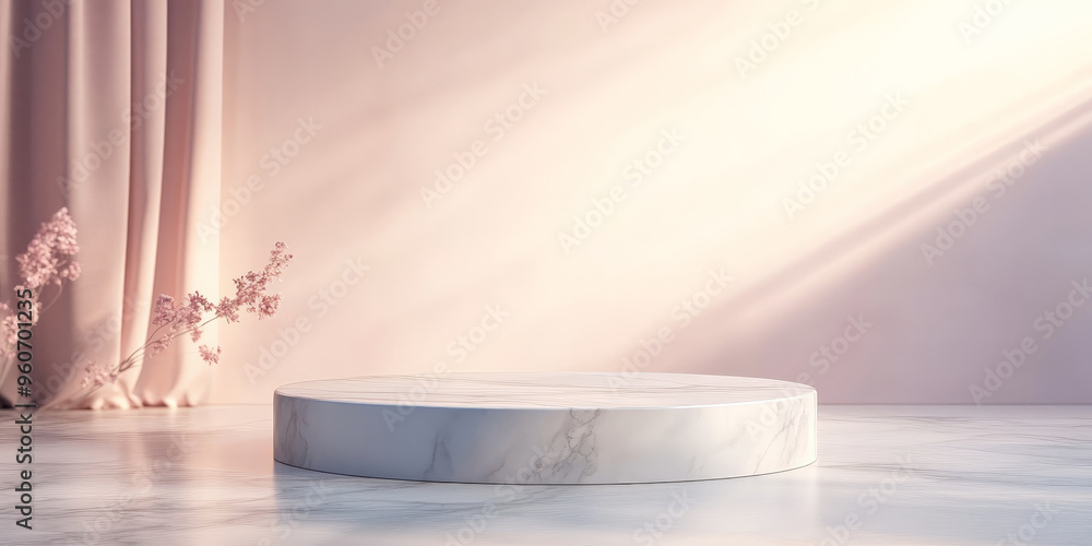 Poster a white marble stone podium with clean lines, positioned on a smooth, reflective surface with a mini