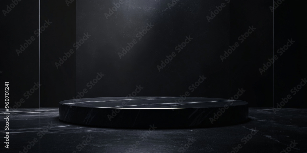 Poster a glossy black podium with sharp, geometric lines, placed against a dark, moody background with subt