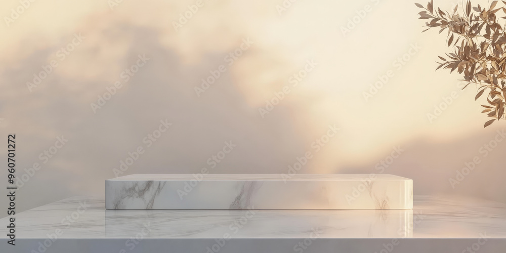 Poster a white marble stone podium with clean lines, positioned on a smooth, reflective surface with a mini