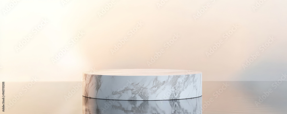 Poster a white marble podium with clean, sharp lines, standing on a reflective surface with a minimalist, s