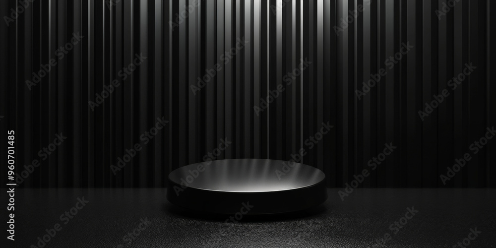 Poster a glossy black podium with a smooth, reflective surface, set against a dark, minimalist background w