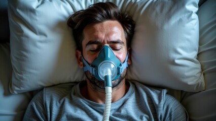 Overhead Shot of Man Undergoing CPAP Therapy for Sleep Apnea at Home