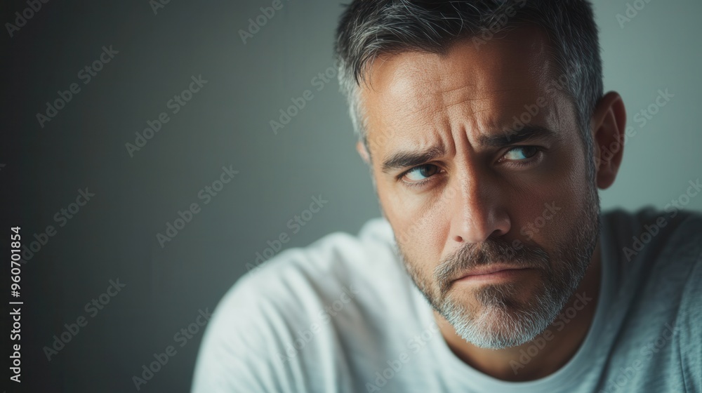 Aufkleber a man holds a serious expression, lost in thought as he contemplates something significant in a diml