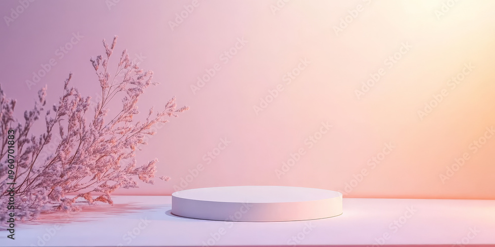 Poster a minimalist white podium with a matte finish, placed in front of a soft, pastel gradient background