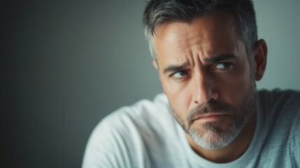A man holds a serious expression, lost in thought as he contemplates something significant in a dimly lit environment. Generative AI