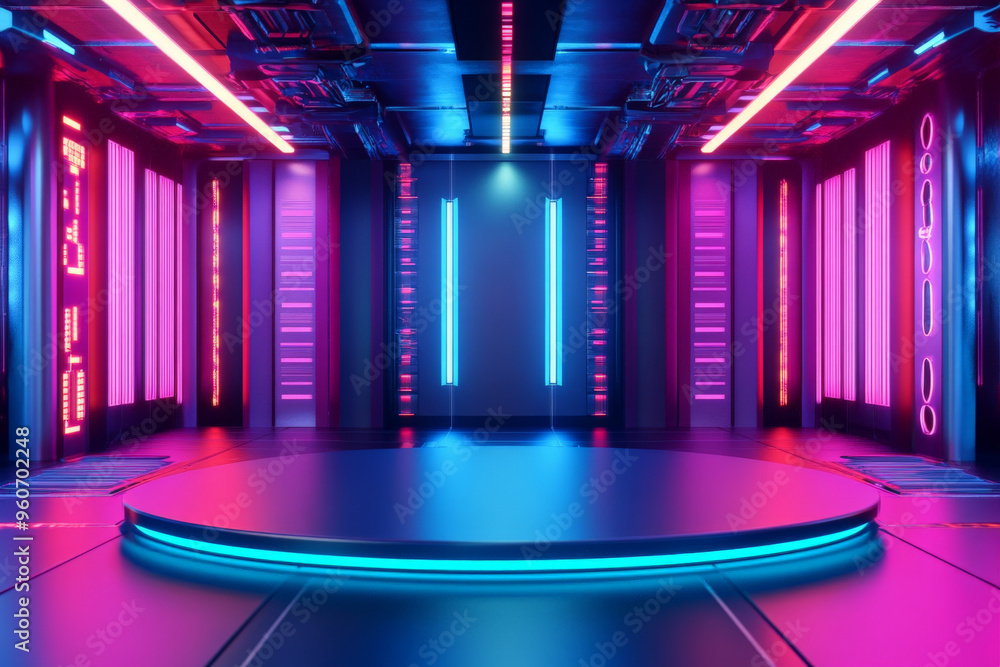 Poster a futuristic, metallic podium with sharp edges, set against a background of glowing neon lights and 
