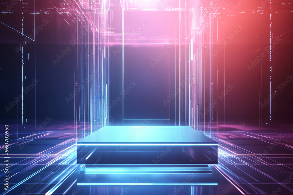 Poster a futuristic glass podium with sharp, angular edges, set against a digital background with glowing l