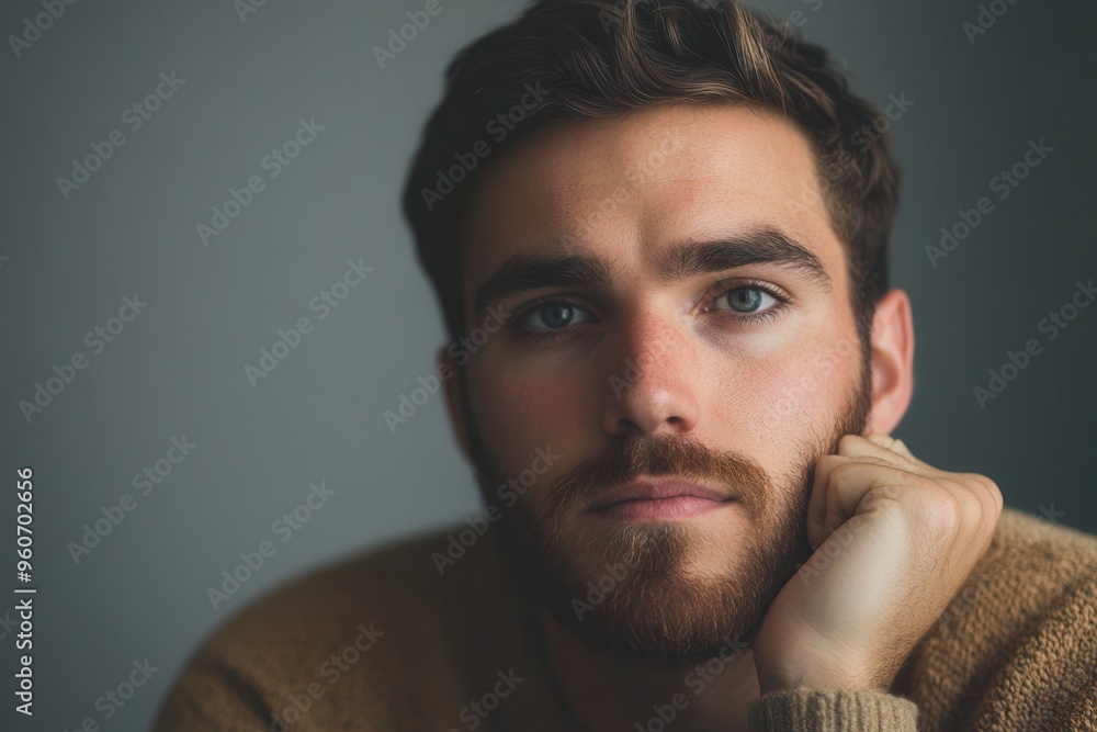 Aufkleber a young man displays a serious and contemplative expression, gazing intently as he reflects in a cal