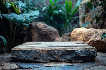 Obraz premium A rustic wooden podium with visible grain and texture, standing on a stone floor with a background of natural elements, like plants and rocks.