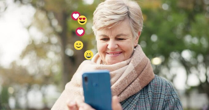 Networking, emoji and phone with senior woman in nature for algorithm, notification and connection. Icon, online review and comment with old person for social media, global message or digital overlay